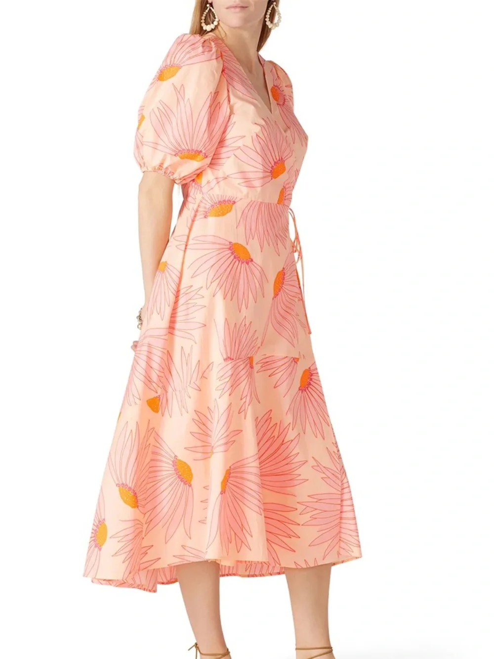 Kate Spade New York Falling Flower Grand Daisy Wrap Dress Peach Puff Sleeves NEW